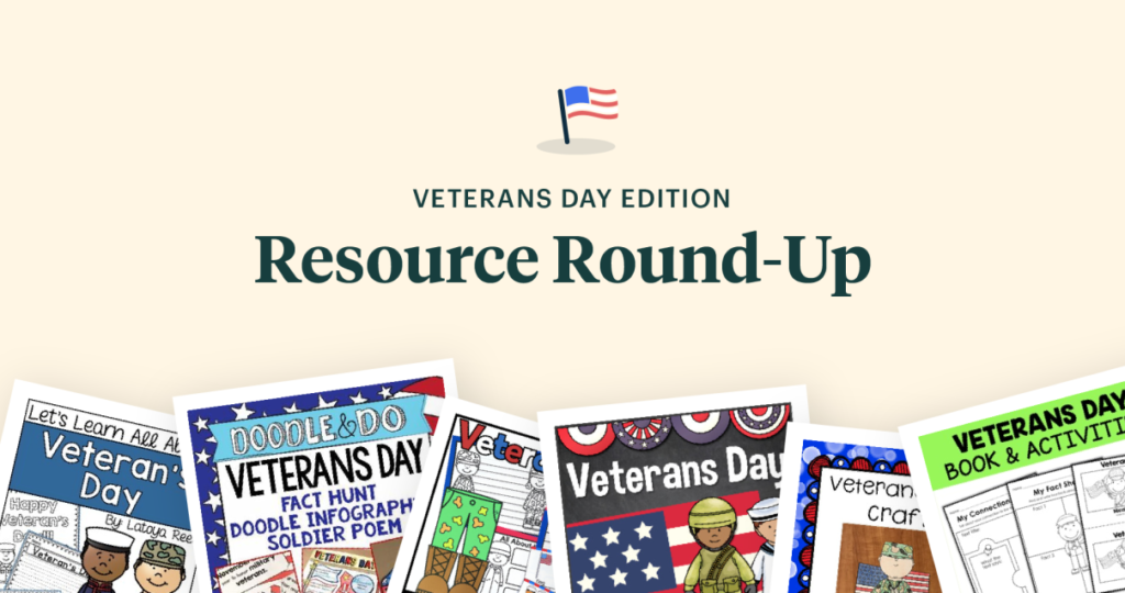 "Veterans Day Edition Resource Round-up" with tiny American flag and resource pictures